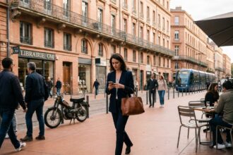 Femme professionnelle marchant dans le centre-ville de Toulouse en direction d'un commerce, immeubles en briques roses en arrière-plan