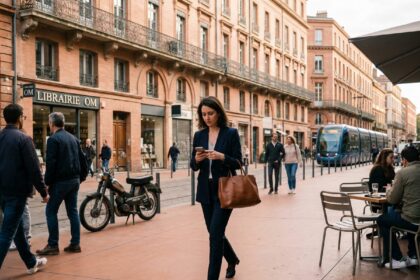 Femme professionnelle marchant dans le centre-ville de Toulouse en direction d'un commerce, immeubles en briques roses en arrière-plan