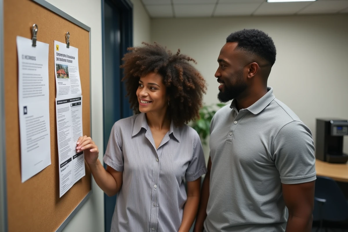 Deux collègues en entreprise consultant un guide affiché sur les aides au logement Action Logement dans une salle de pause
