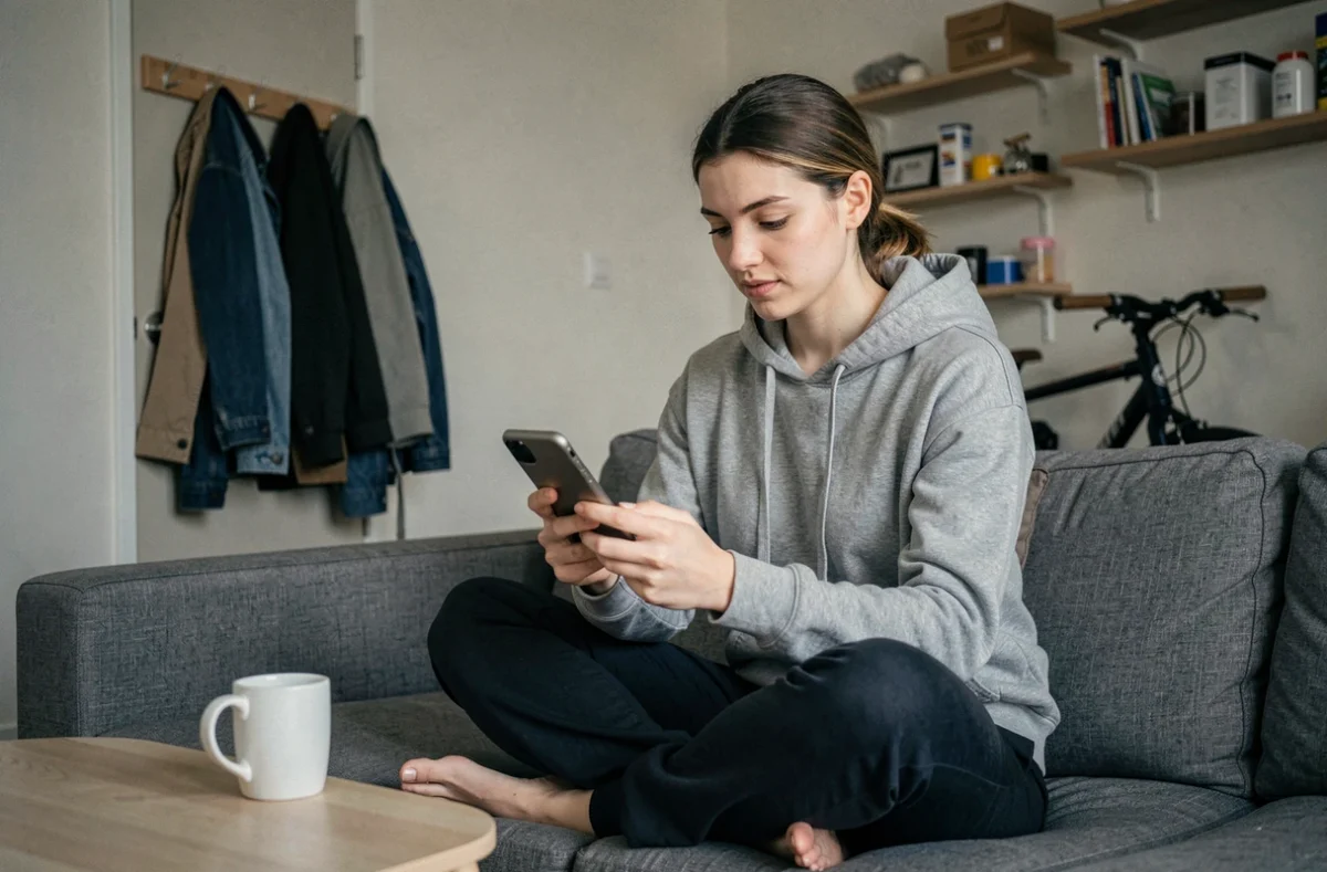 Jeune femme colocataire consultant une comparaison d'assurance habitation sur smartphone dans un salon partagé