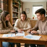 Trois colocataires discutant de leur contrat d'assurance habitation autour d'une table avec des documents