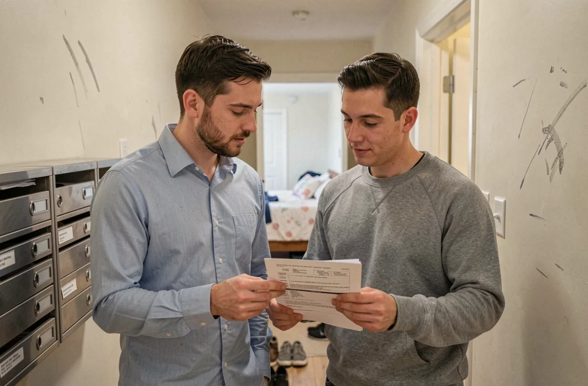 Deux colocataires examinant leur contrat d'assurance habitation et bail dans le couloir de leur appartement partagé