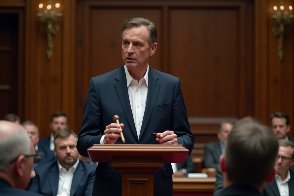 Commissaire en enchères français parlant au podium