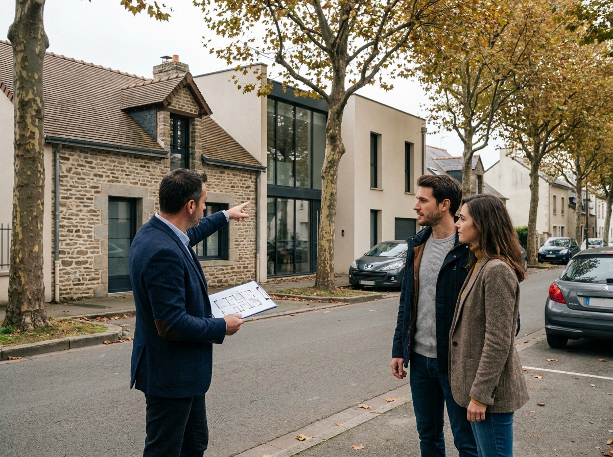 Agent immobilier présentant deux types de biens à un couple près de Rennes