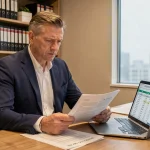 Conseiller immobilier analysant des documents de taxe sur les logements vacants sur son bureau