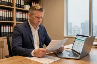 Conseiller immobilier analysant des documents de taxe sur les logements vacants sur son bureau