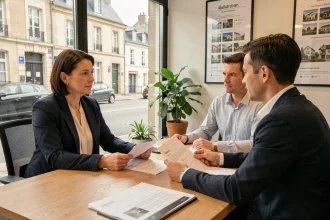 Conseillère immobilière IMMO PRIMA en réunion avec des clients pour un projet d'achat immobilier à Voiron