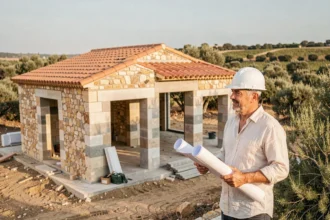 Constructeur de maison individuelle sur un chantier dans l'Hérault avec architecte tenant des plans devant une maison en construction au style méditerranéen