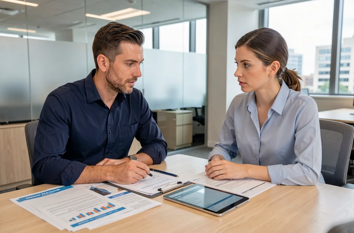 Homme en consultation avec un conseiller en assurance habitation dans une agence moderne