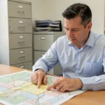 Un homme consultant un plan cadastral imprimé dans un bureau administratif municipal pour identifier le propriétaire d'une parcelle