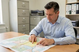 Un homme consultant un plan cadastral imprimé dans un bureau administratif municipal pour identifier le propriétaire d'une parcelle