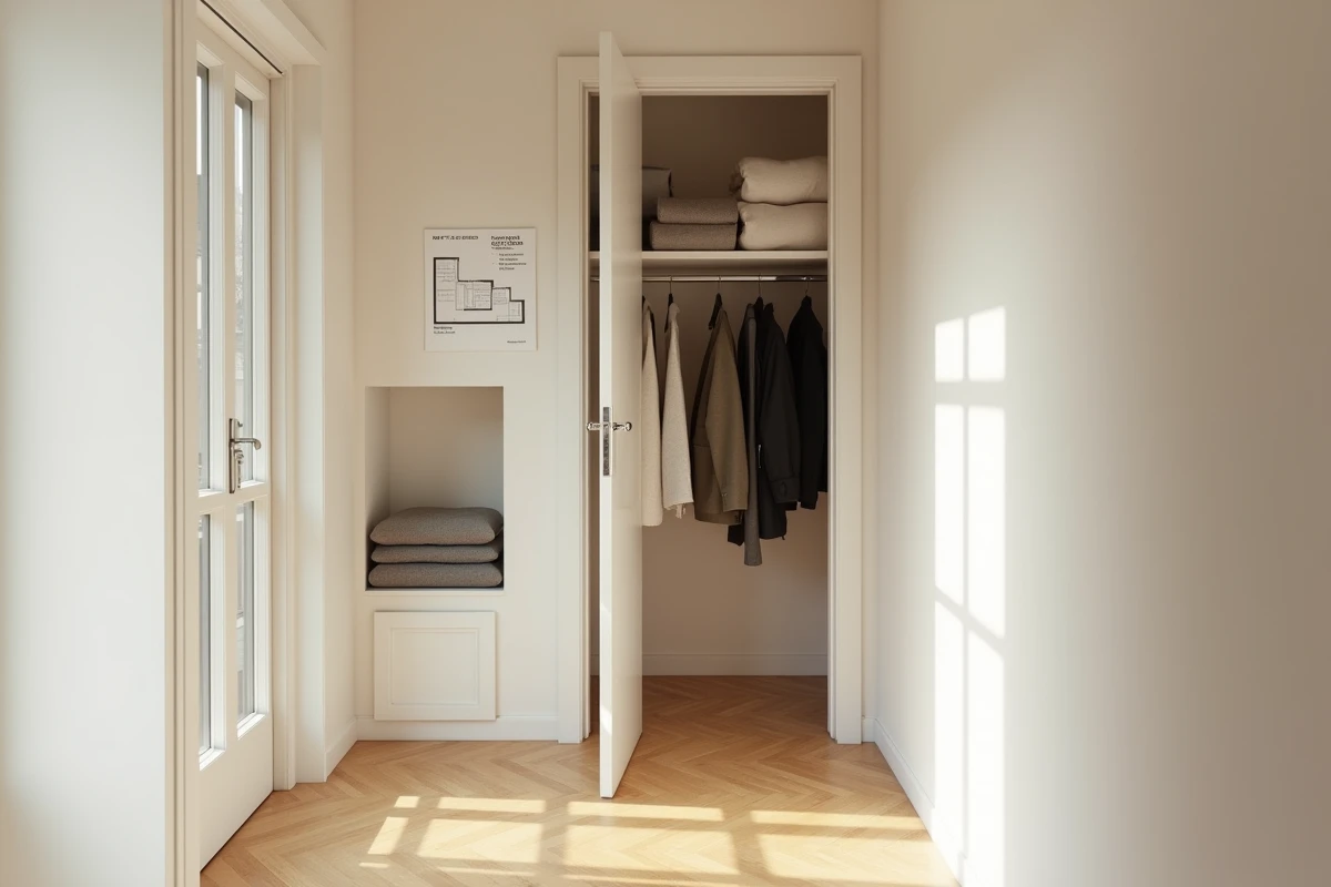 Couloir et rangements d'un appartement F3 avec placard ouvert révélant les espaces cachés