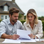 Couple examinant des documents immobiliers devant une maison normande en bord de mer