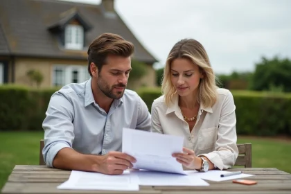 Couple examinant des documents immobiliers devant une maison normande en bord de mer