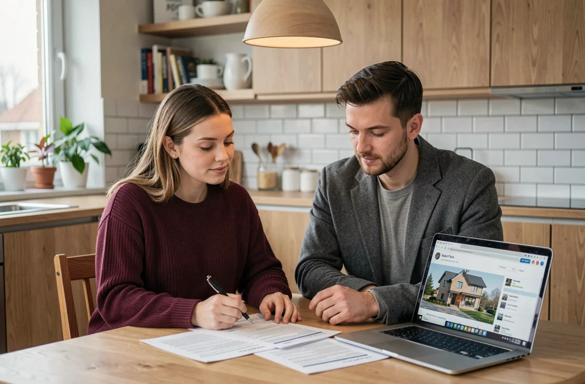 Couple d'acheteurs examinant une offre d'achat immobilier avec honoraires à la charge du vendeur dans une cuisine moderne