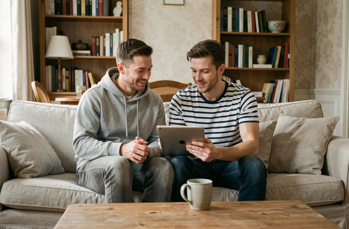 Couple discutant de leur assurance habitation sans franchise sur une tablette dans leur salon