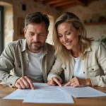 Couple examinant des documents d'assurance immobilière dans une maison de campagne française