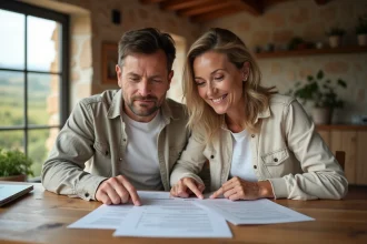 Couple examinant des documents d'assurance immobilière dans une maison de campagne française