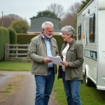 Couple examinant des documents devant une caravane résidentielle sur un terrain à louer dans un parc