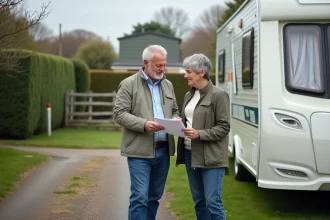 Couple examinant des documents devant une caravane résidentielle sur un terrain à louer dans un parc