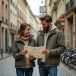 Jeune couple examinant une carte de quartier dans une rue pavée de Metz lors d'un premier achat immobilier