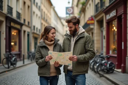 Jeune couple examinant une carte de quartier dans une rue pavée de Metz lors d'un premier achat immobilier