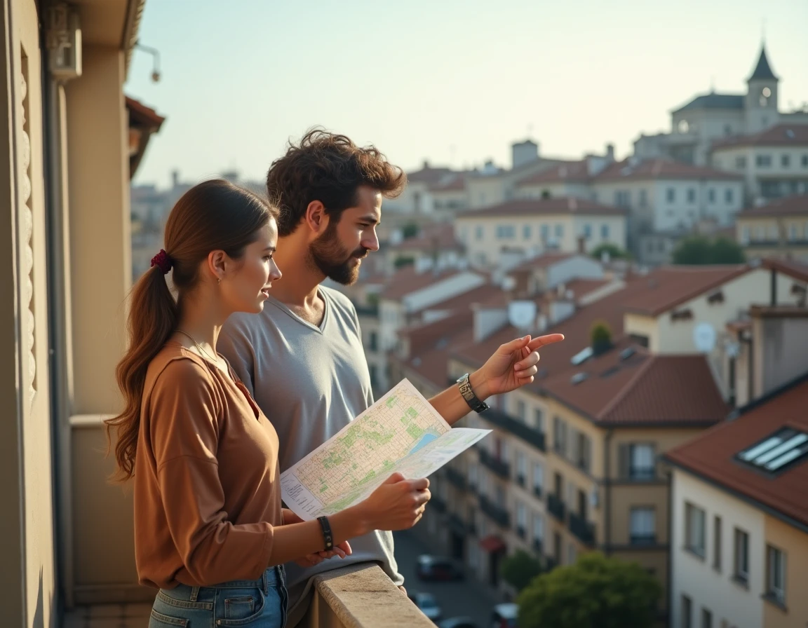 Couple examinant le panorama urbain de Montpellier depuis un balcon avant de choisir leur quartier