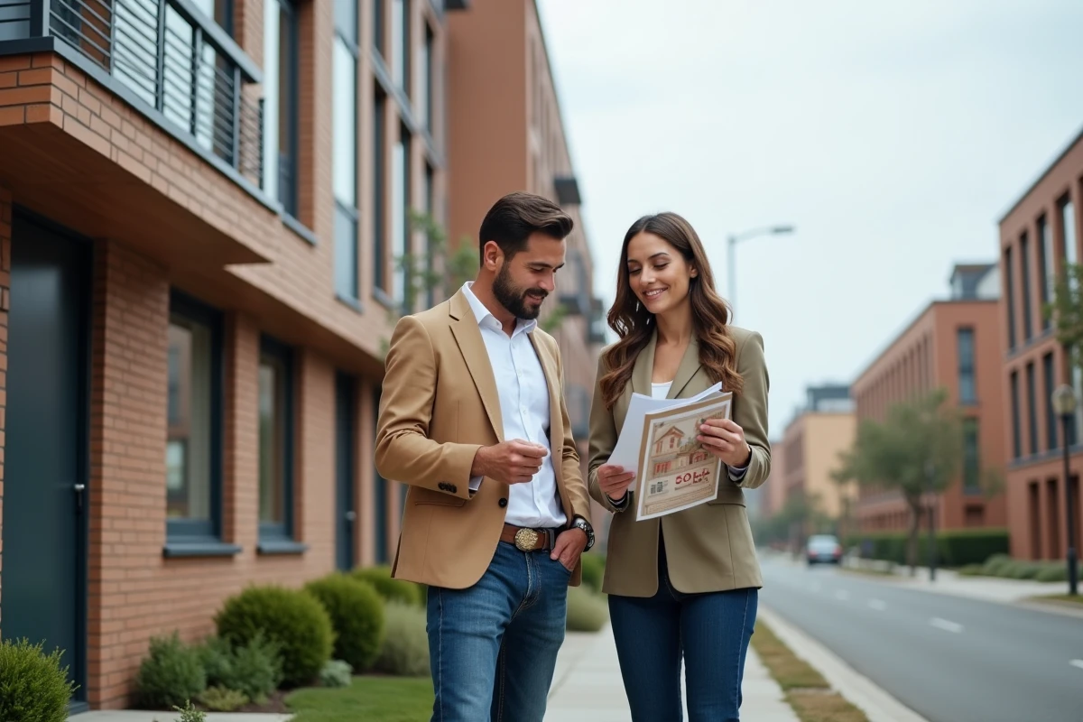 Couple devant un immeuble résidentiel neuf tenant les clés de leur premier logement sécurisé