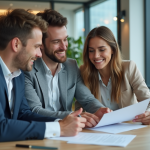 Couple souriant en réunion bancaire pour un prêt immobilier