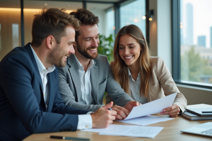 Couple souriant en réunion bancaire pour un prêt immobilier