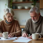Couple d'adultes réfléchissant à des papiers dans la cuisine
