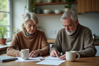 Couple d'adultes réfléchissant à des papiers dans la cuisine