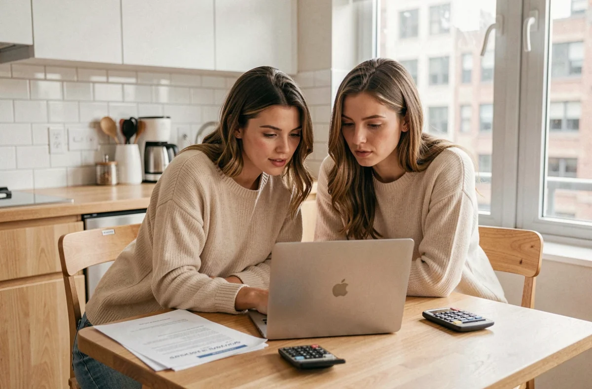 Couple étudiant les démarches du 1% logement sur ordinateur portable dans leur appartement