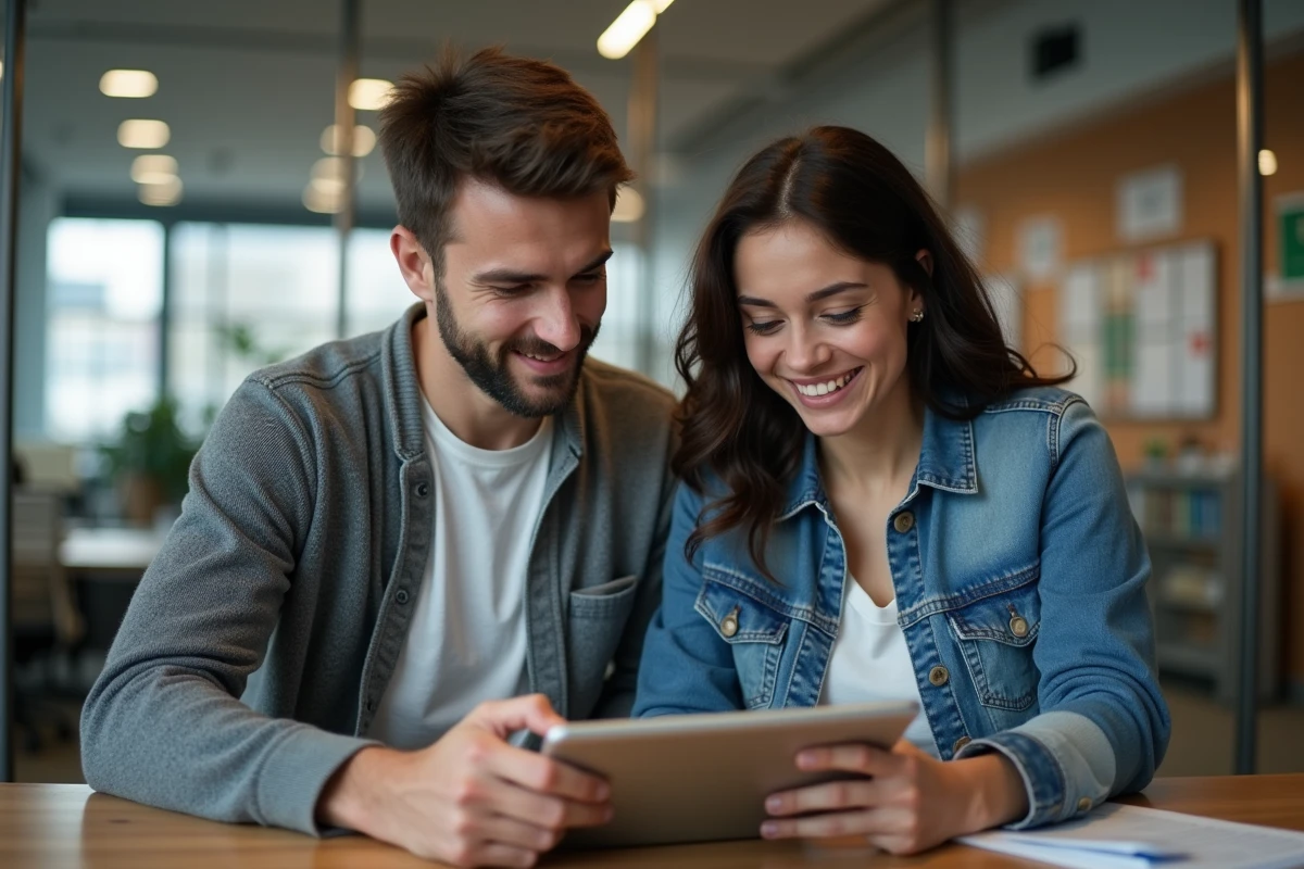 Jeune couple discutant simulation de credit immobilier
