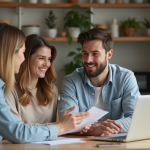 Jeune couple en discussion avec conseillère financière dans un appartement lumineux