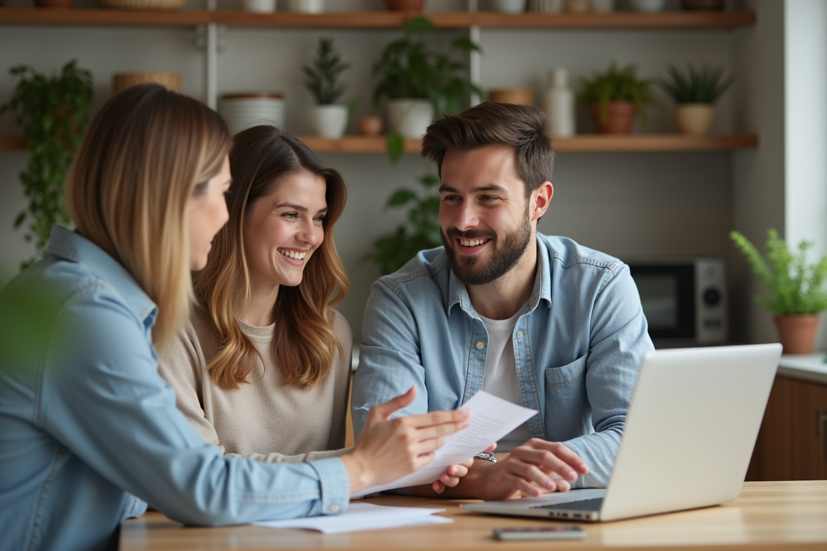 Jeune couple en discussion avec conseillère financière dans un appartement lumineux