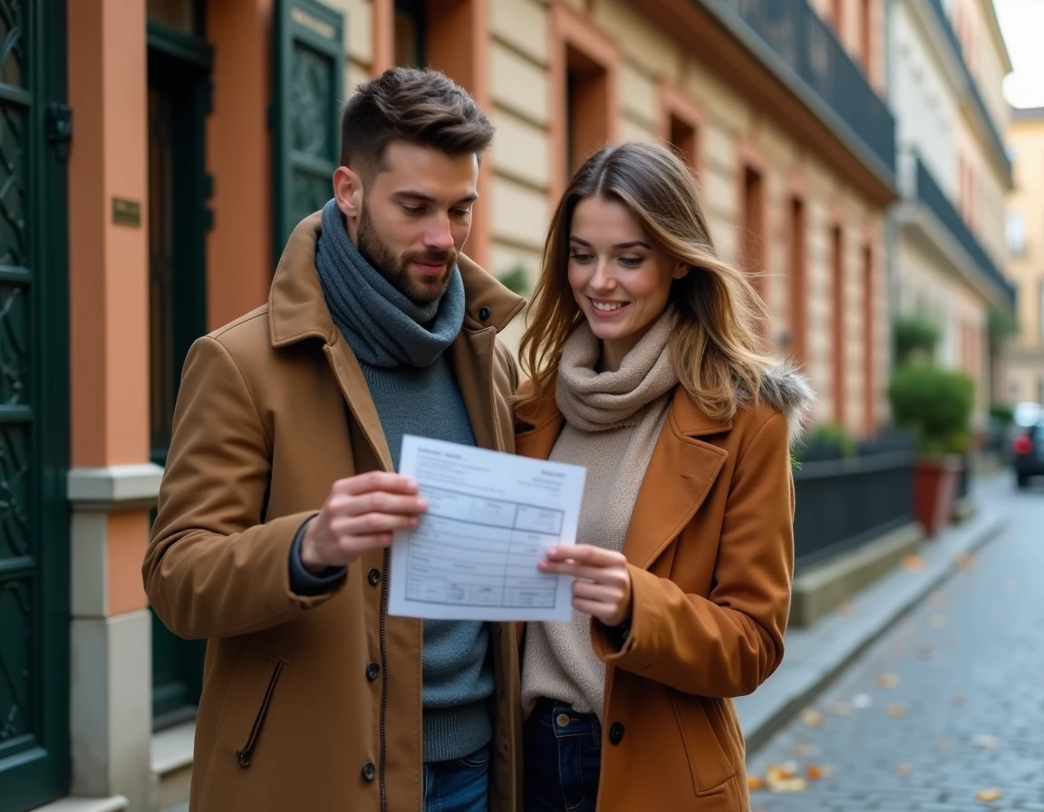 Couple de locataires consultant une estimation de loyer devant un immeuble typique de Lyon
