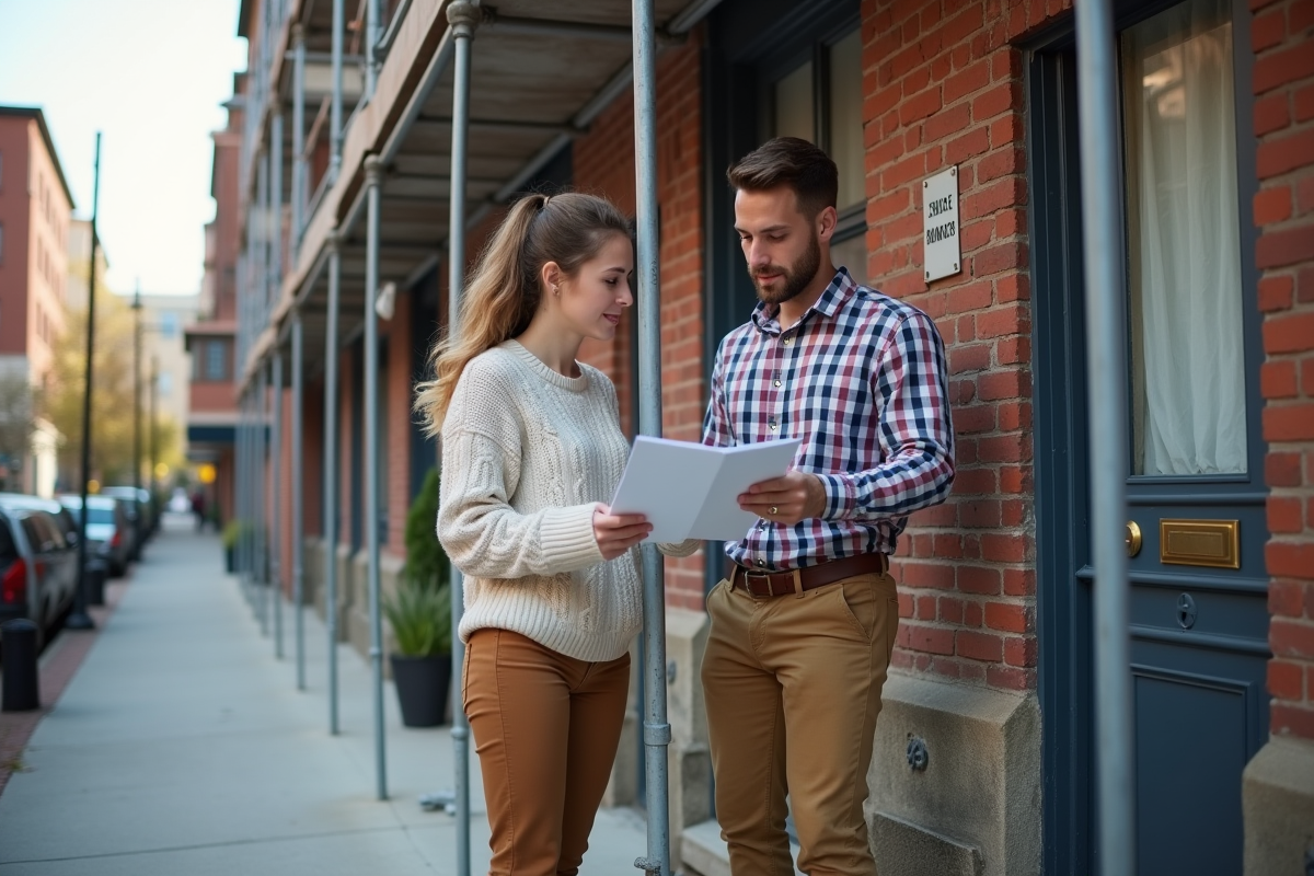 Jeune couple consulte un devis devant un immeuble en rénovation