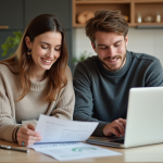 Jeune couple en cuisine examinant des documents financiers