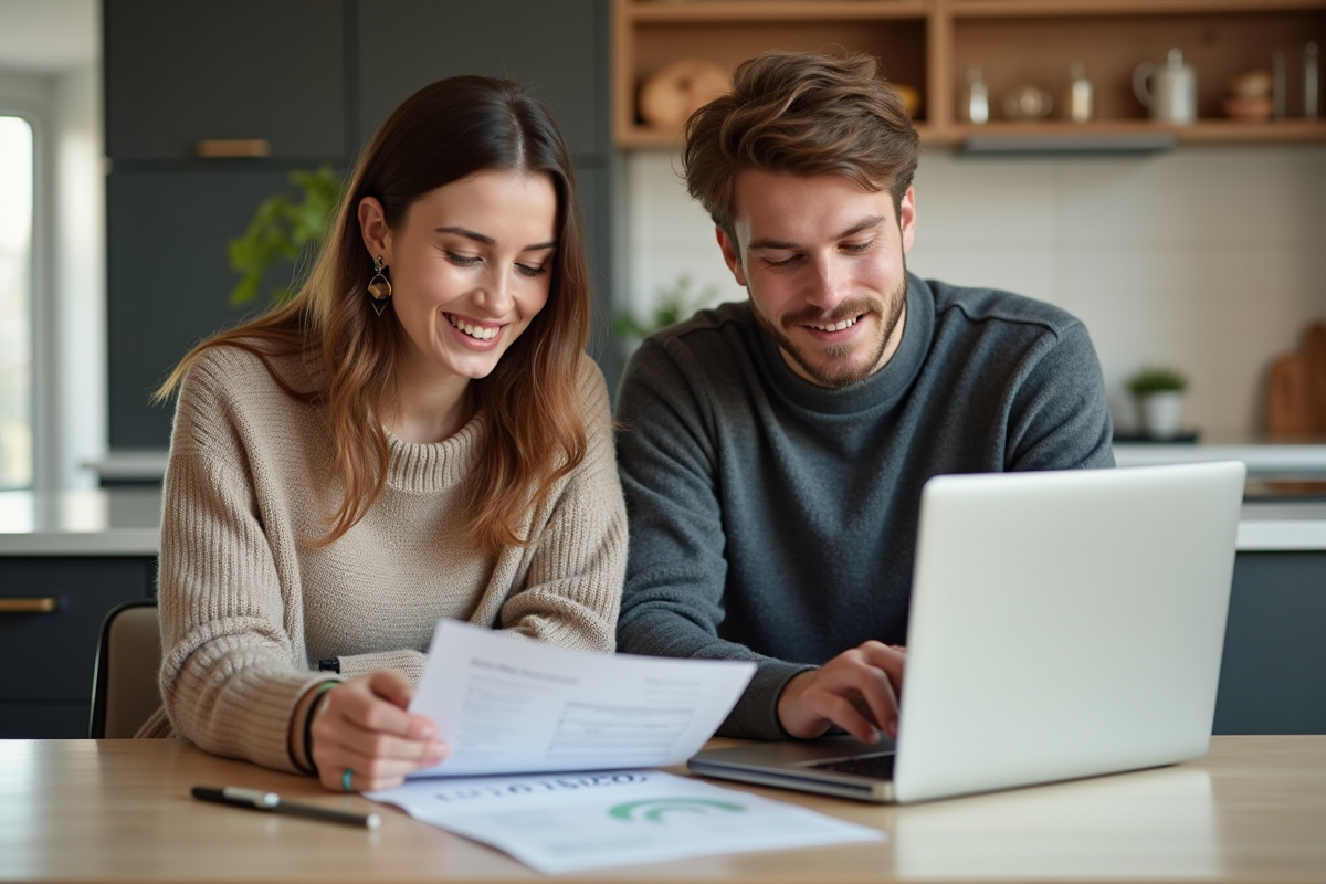 Jeune couple en cuisine examinant des documents financiers