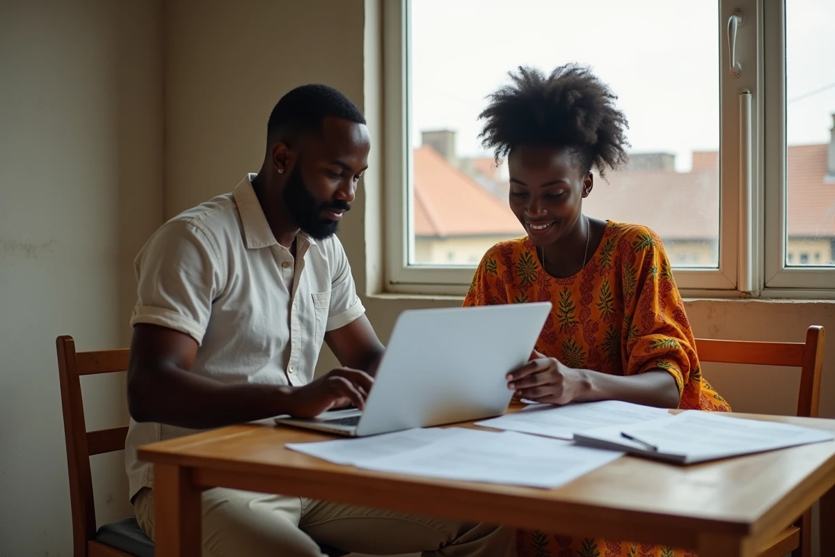 Un couple sénégalais compare des offres de financement immobilier pour l'achat d'un appartement à Dakar