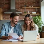 Jeune couple souriant préparant des documents de maison