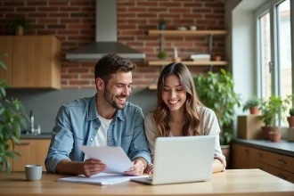 Jeune couple souriant préparant des documents de maison