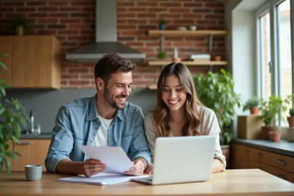Jeune couple souriant préparant des documents de maison