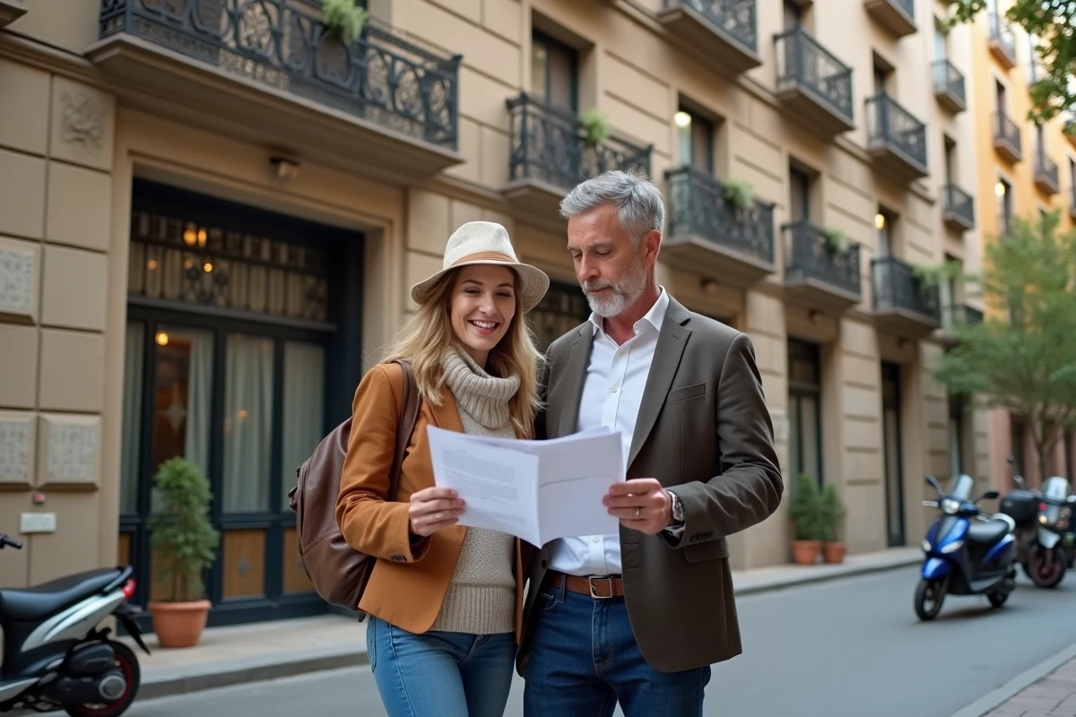 Couple examinant des documents devant un immeuble barcelonais pour une location longue durée