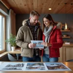 Jeune couple souriant dans un bureau immobilier alpin