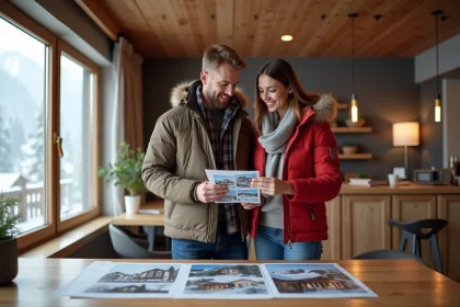Jeune couple souriant dans un bureau immobilier alpin