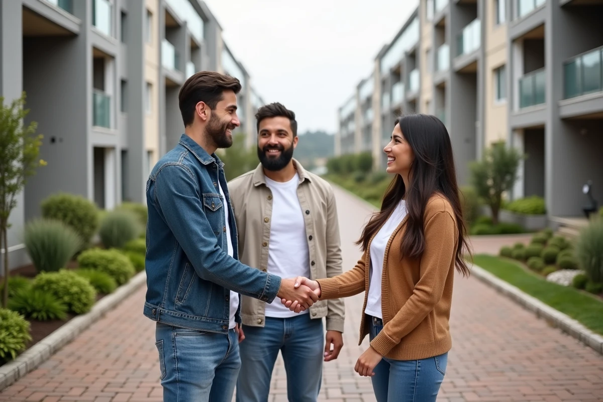 Couple souriant devant un immeuble neuf avec agent immobilier