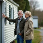 Couple inspectant un mobil-home d'occasion dans un camping ouvert à l'année
