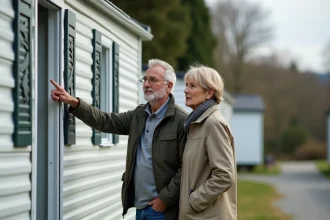 Couple inspectant un mobil-home d'occasion dans un camping ouvert à l'année
